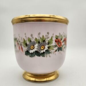 VA Portugal Pink Floral Garland Porcelain Cachepot Gold Gilt Trim Vintage